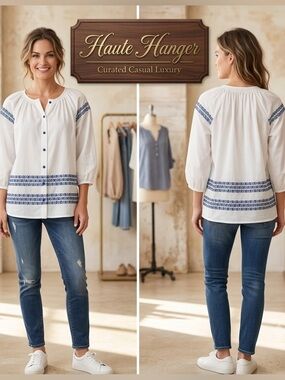 Haute Hanger White Blue Embroidered Button Up Blouse NWT Extra Small
